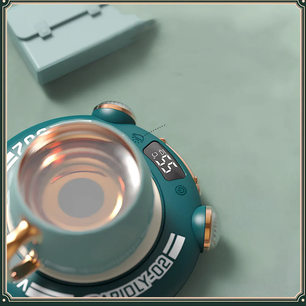 Green portable coffee mug warmer with touch controls and 100mm heating surface for office desks