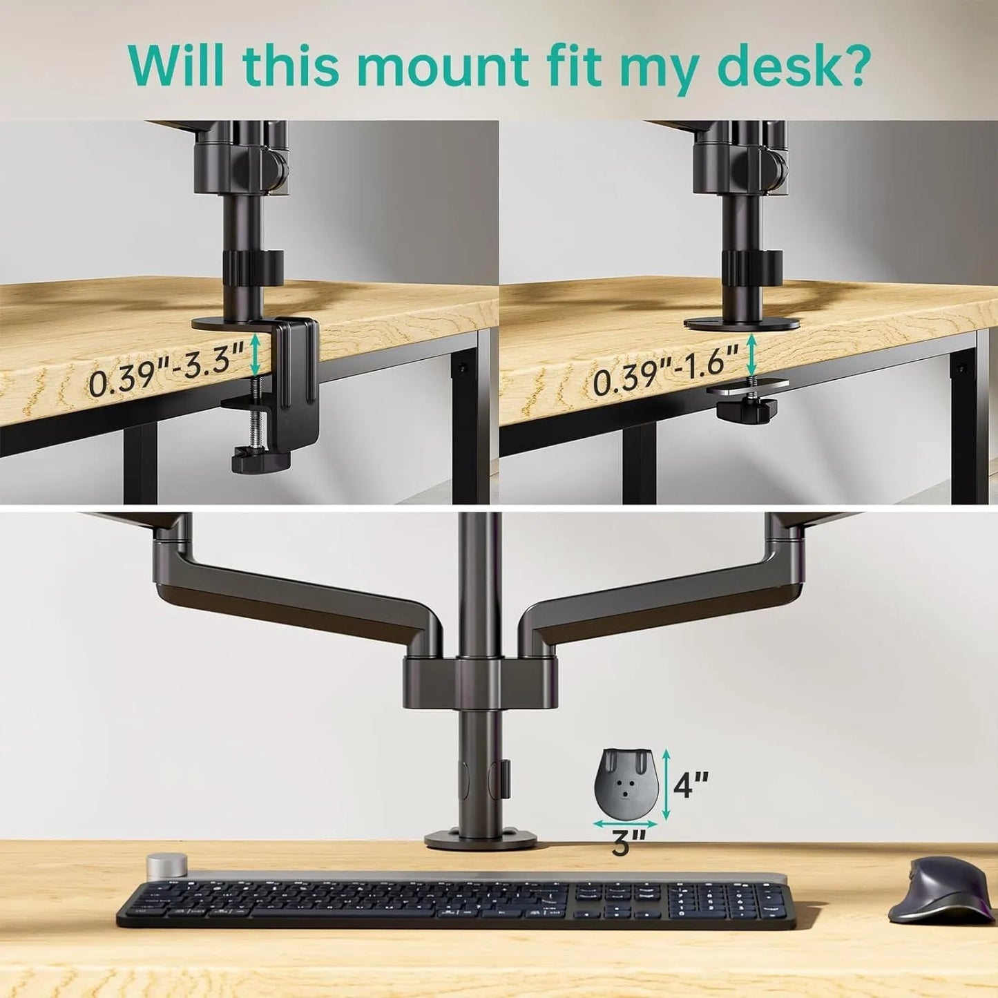 Black aluminium three-arm gas spring monitor holder mounted on a desk edge.