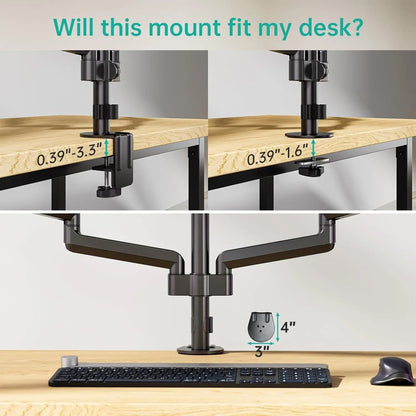 Black aluminium three-arm gas spring monitor holder mounted on a desk edge.