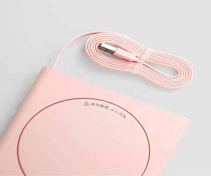 Adjustable Thermostat Coaster in white, blue, and pink with USB interface