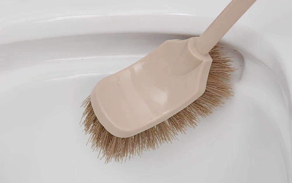 Wooden toilet brush with 360 degree bristles and natural beech handle for bathroom cleaning