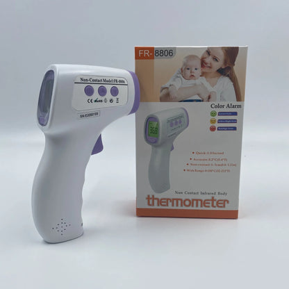 White digital infrared thermometer with LCD screen displaying temperature and colour-coded fever alert.