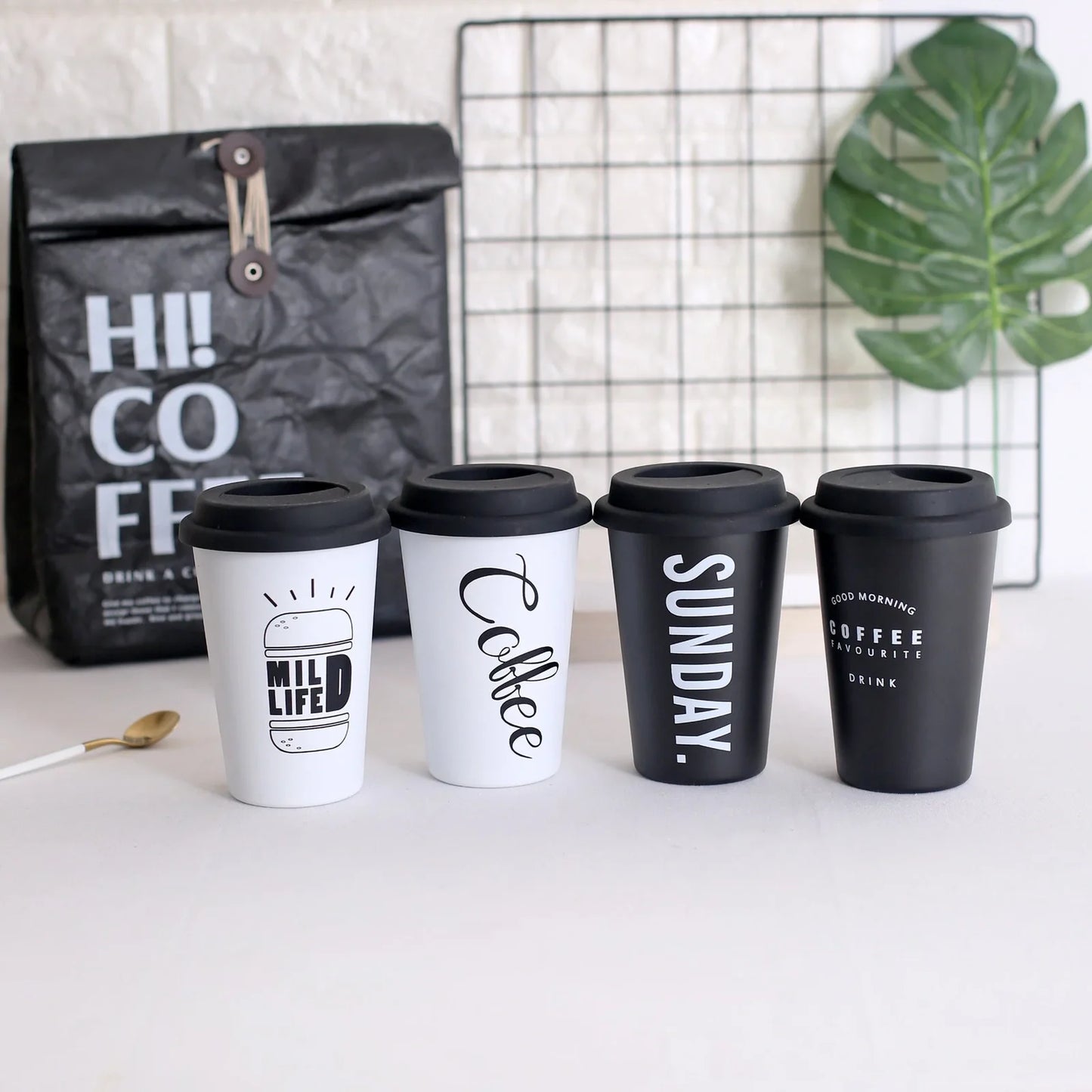 350ml ROKEN stainless steel cup in coffee black with lid, straight and curved straws for travel use