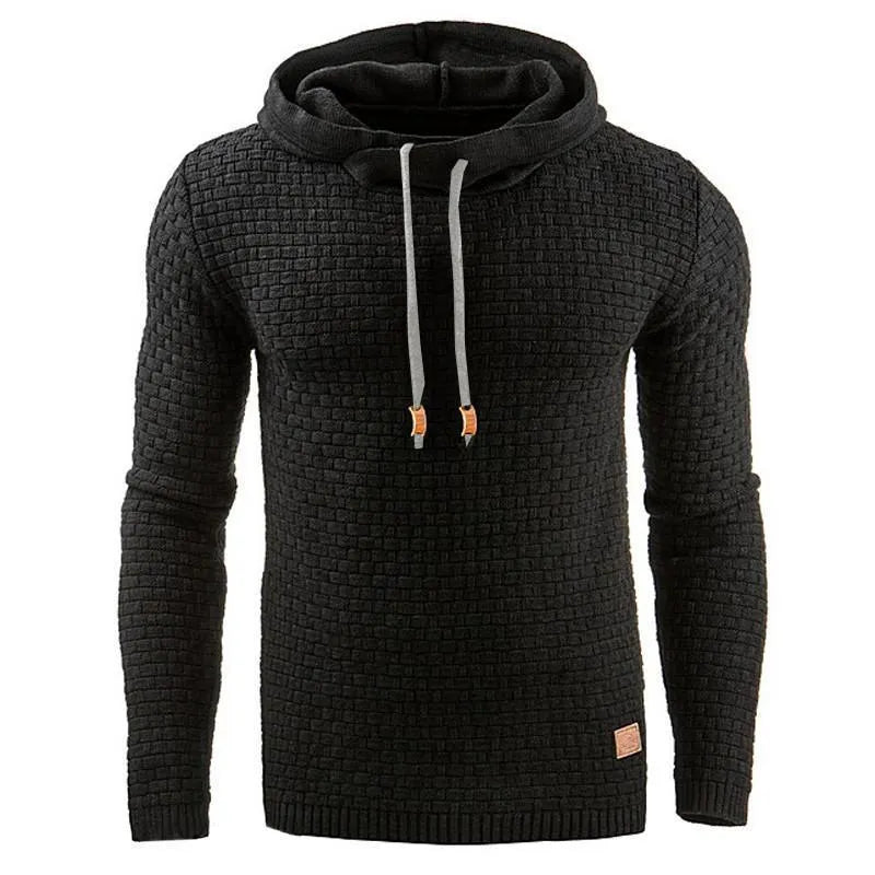 Man wearing a cotton-polyester blend hooded sweatshirt in grey, showing the front design and hood.