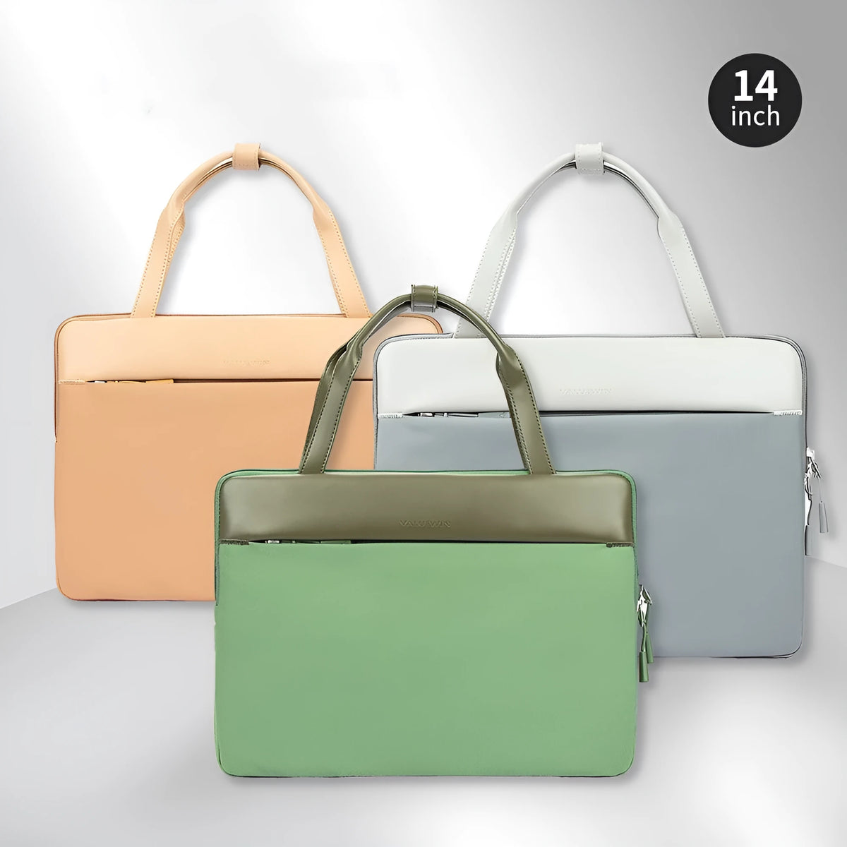 14.2 inch polyester laptop sleeve with soft handle, zipper pocket, in light grey, green, or orange