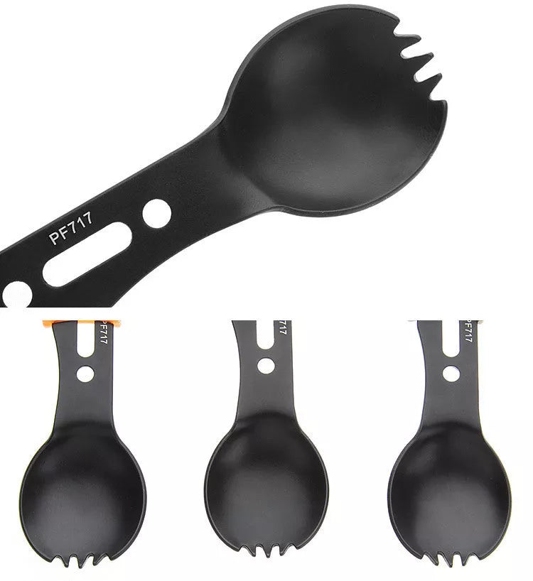 Stainless steel camping utensil set with spoon, fork, knife, and whistle for outdoor adventures