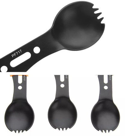 Stainless steel camping utensil set with spoon, fork, knife, and whistle for outdoor adventures