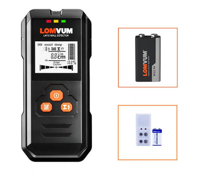 Handheld multifunctional wall detector for finding metal, wires, and wooden studs behind walls.