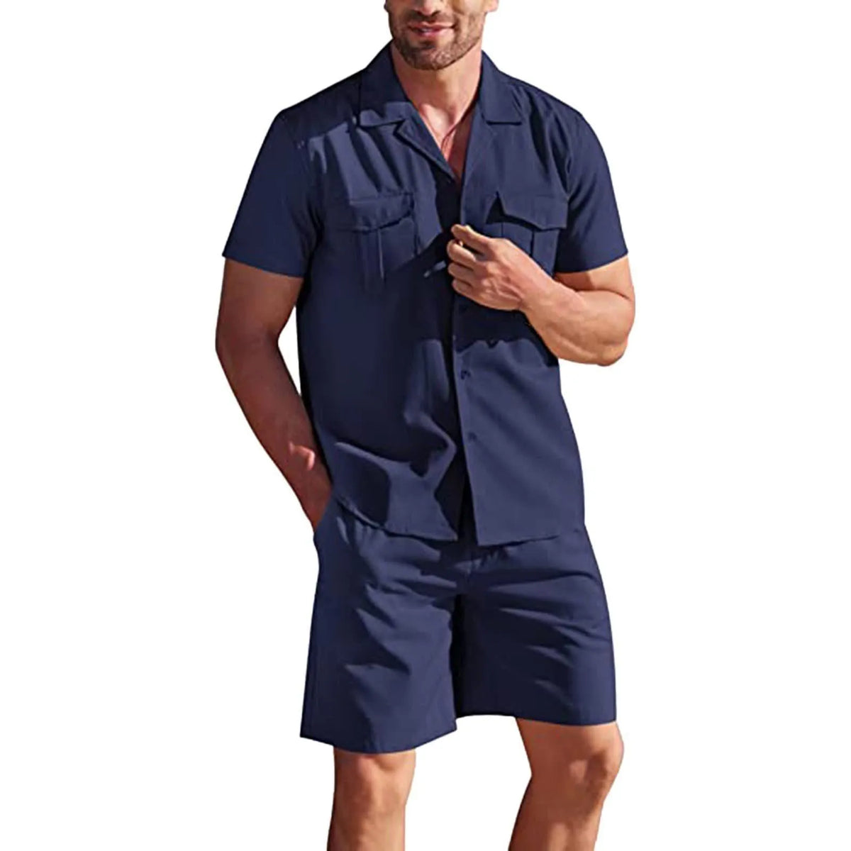 Lapel collar short sleeve linen shirt and shorts set with pockets, loose casual summer two-piece in solid colour