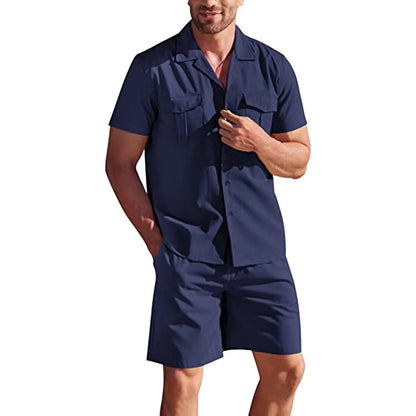 Lapel collar short sleeve linen shirt and shorts set with pockets, loose casual summer two-piece in solid colour