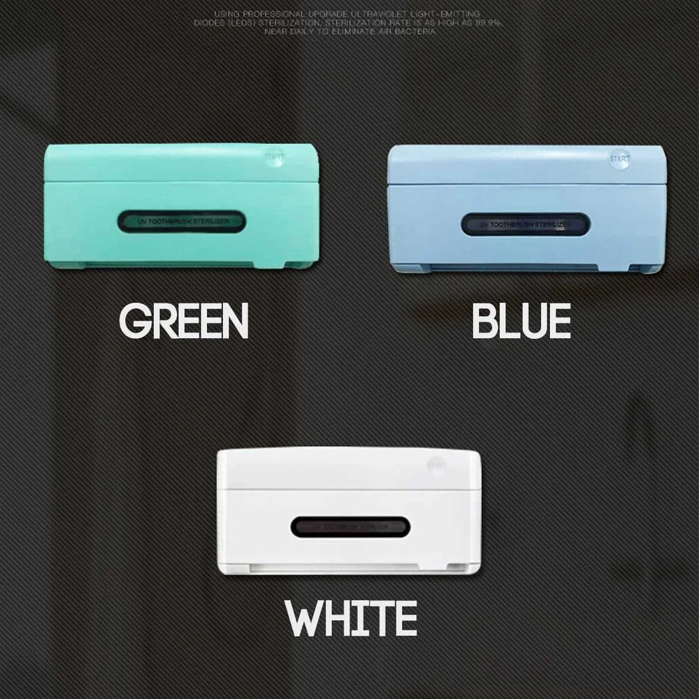 White UV toothbrush sterilisation holder with 253.7nm wavelength disinfection, 157mm width compact design for bathroom counter