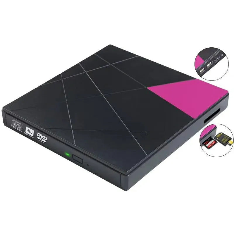 External USB DVD burner with card reader, 24x speed, 8MB cache, in rose-red or white, 152x142x20mm