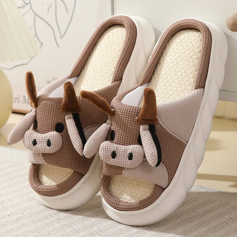 Cartoon Cow Frog Slippers with non-slip soles and linen uppers