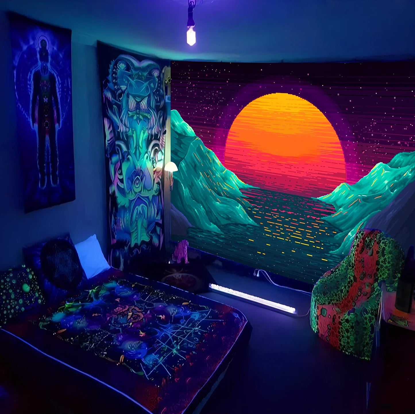 Fluorescent tapestry wall hanging with glow properties in multiple sizes from 150x100cm to 230x180cm