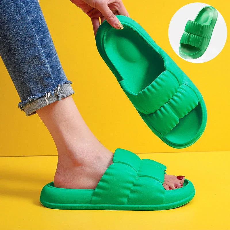Comfortable and stylish women's bathroom slides in various vibrant colors and patterns