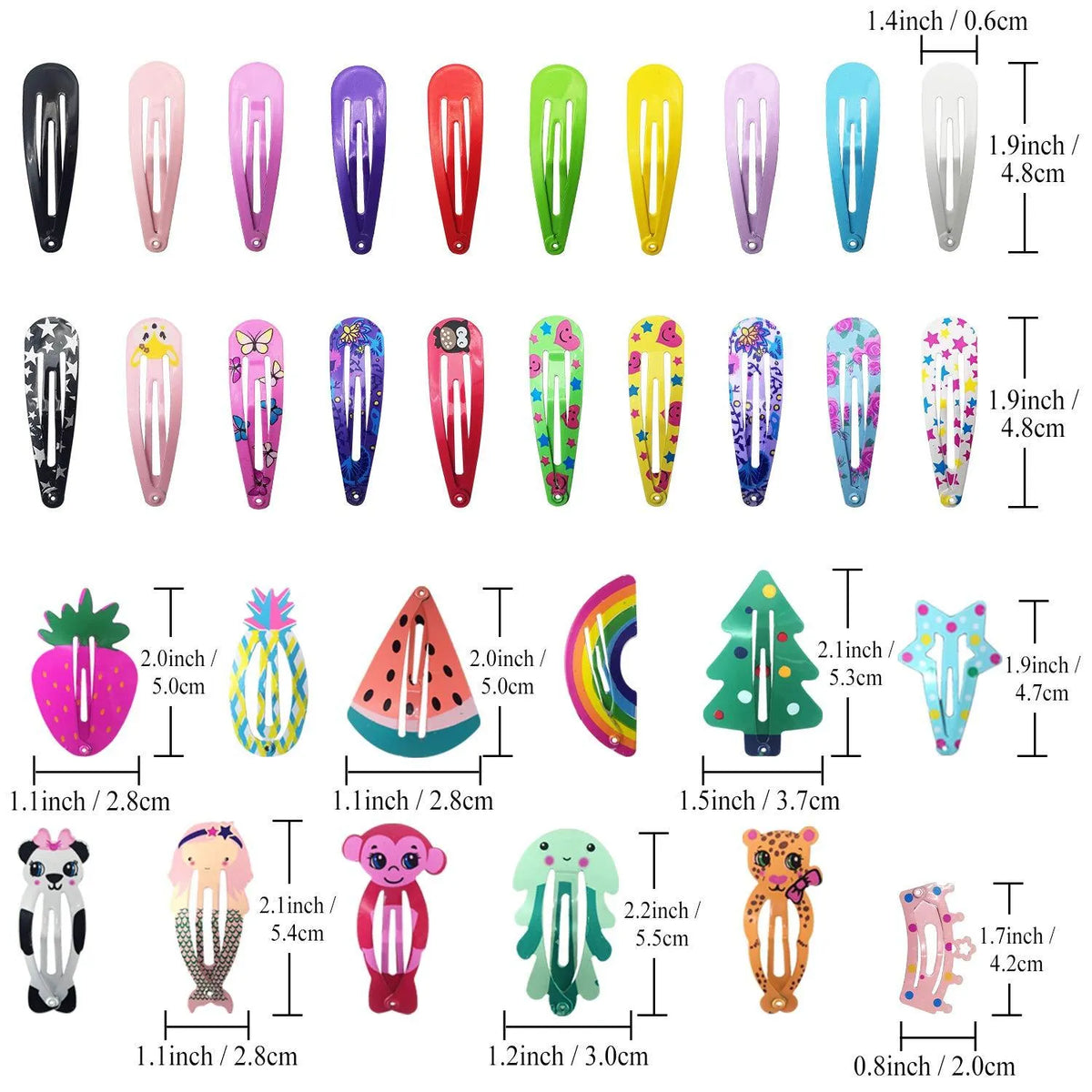 Assortment of 100 brightly coloured metal hair clips with cartoon designs of animals, fruits, crowns, stars, and drop shapes.