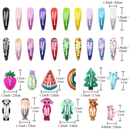 Assortment of 100 brightly coloured metal hair clips with cartoon designs of animals, fruits, crowns, stars, and drop shapes.