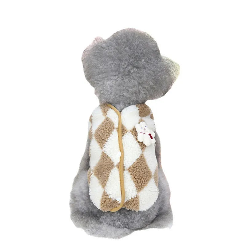 Coral velvet pet vest with diamond plaid pattern in black or brown, sizes S to XXL for cats and dogs.