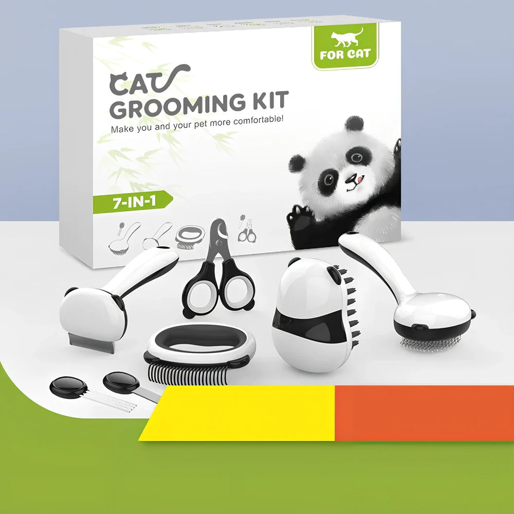 Panda model cat grooming set with 7 tools including combs and nail care implements