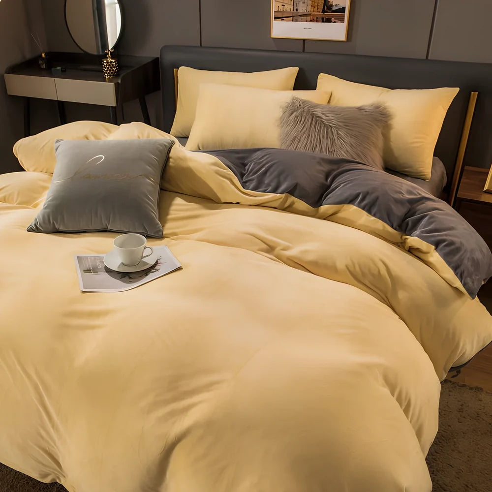 Coral velvet flannel bed sheet set in light grey and deep grey colour combination on double bed