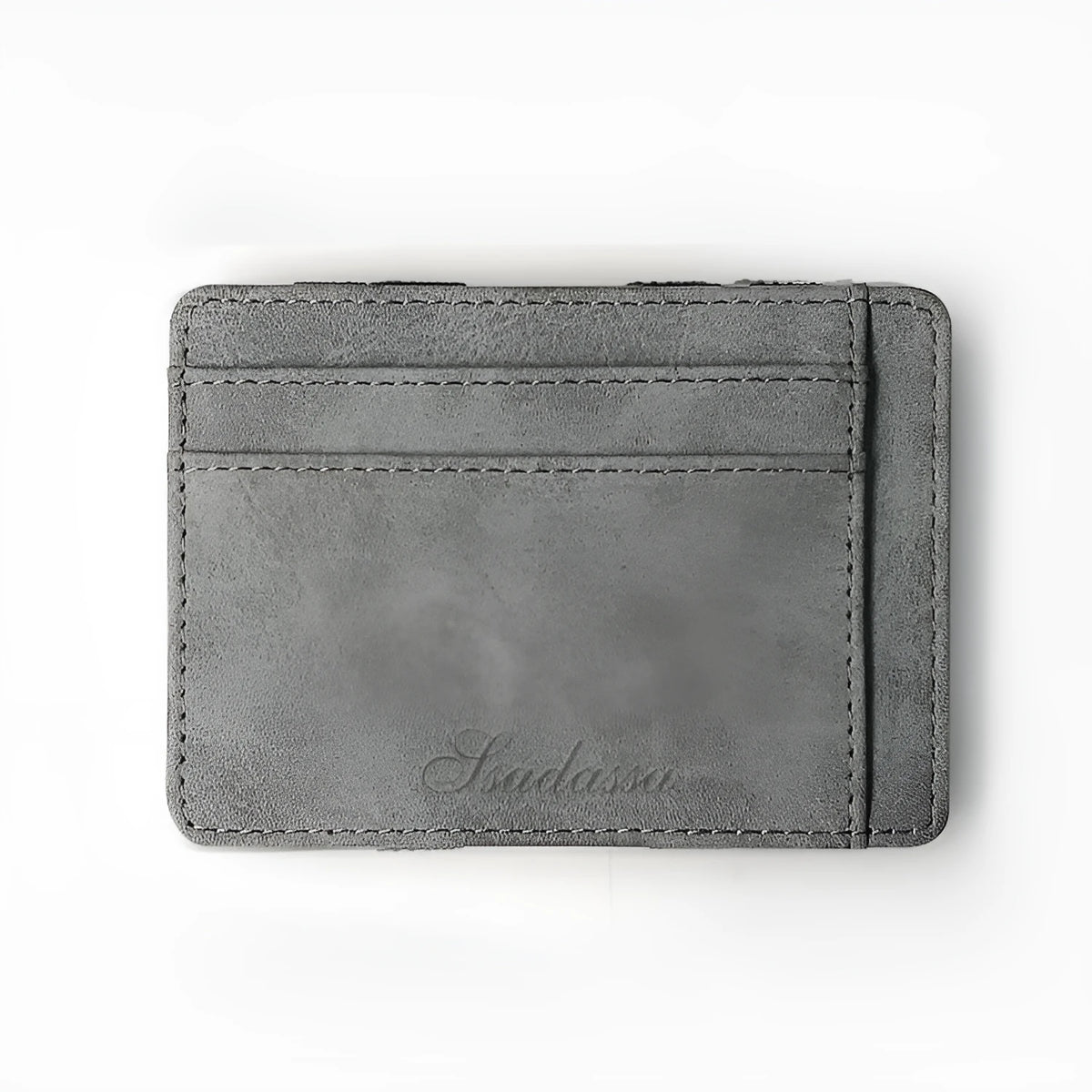 Matte leather magic wallet in horizontal square shape with sewing line detail and coin pocket