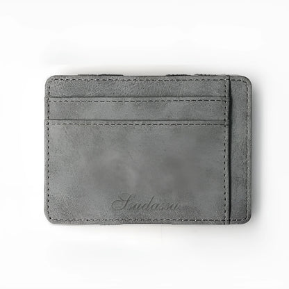 Matte leather magic wallet in horizontal square shape with sewing line detail and coin pocket