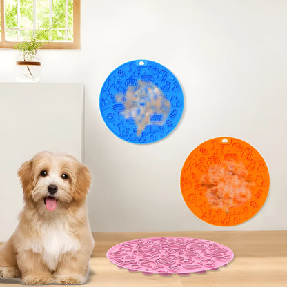 Round blue silicone pet licking mat with textured surface and suction base for slow feeding