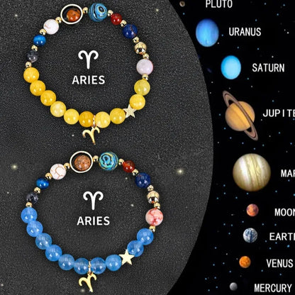 Twelve Zodiac Sign beaded bracelet set with natural stone beads on adjustable cord, showing two bracelets for mix-and-match styling.