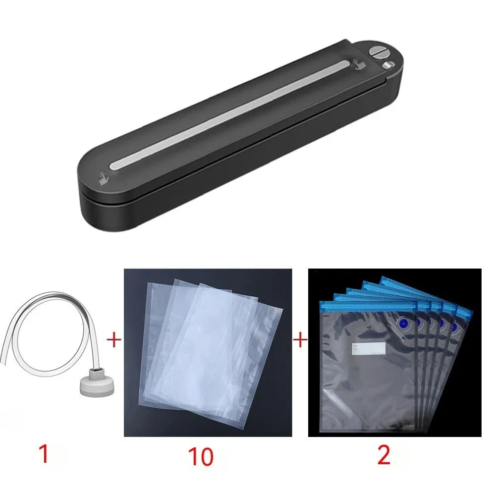 Black household vacuum sealing machine with 90W power, vacuum bags, and external tubes for food preservation