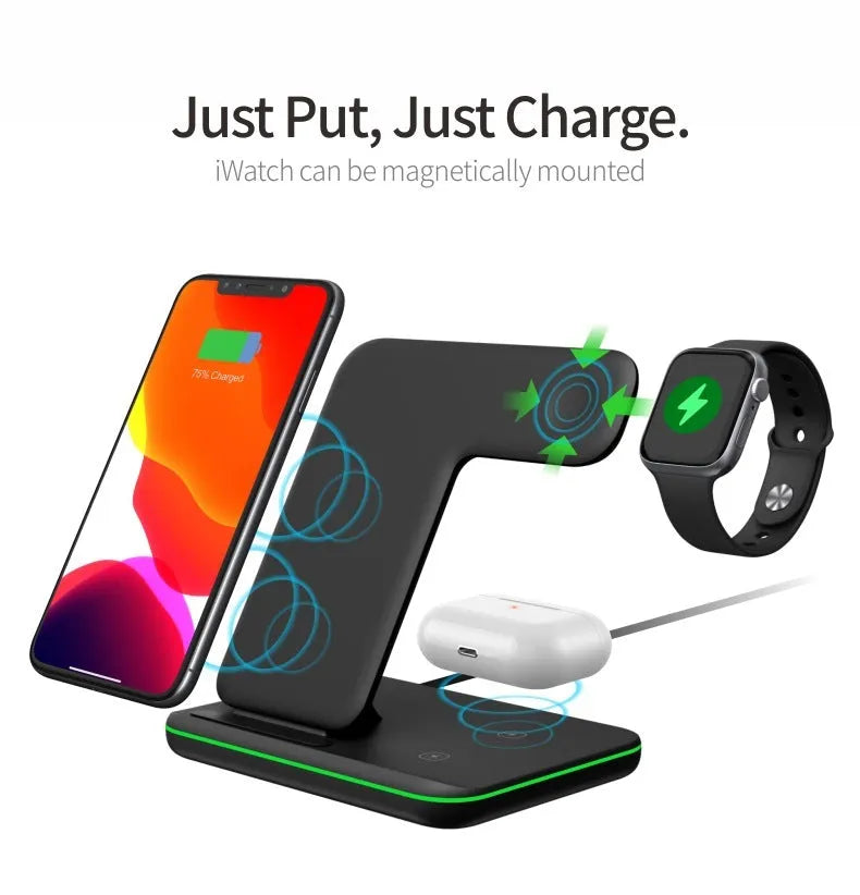 White three-in-one wireless charging stand for mobile phone, watch, and headphones on a desk.