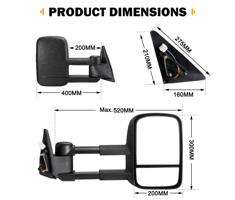 Foldable rearview mirror trailer kit for Toyota Land Cruiser 100 series 1998-2007 models in black plastic construction with easy fitting design