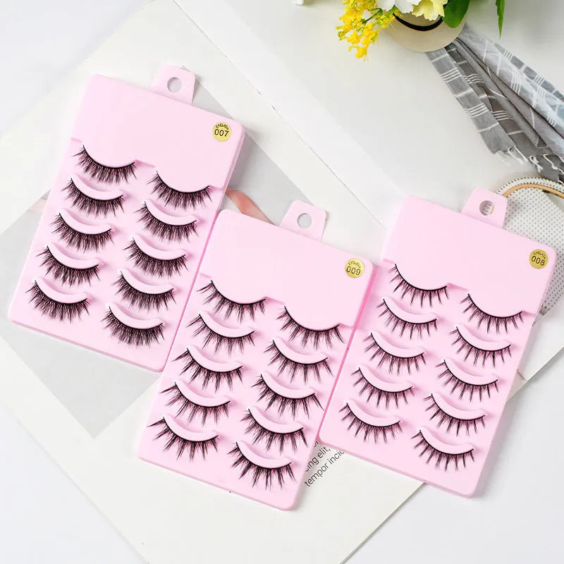 Set of manga-style false eyelashes in natural wispy styles 007, 008, and 009 on plastic black terrier