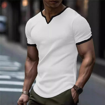 Men's colour-block V-neck waffle texture t-shirt in polyester for sports
