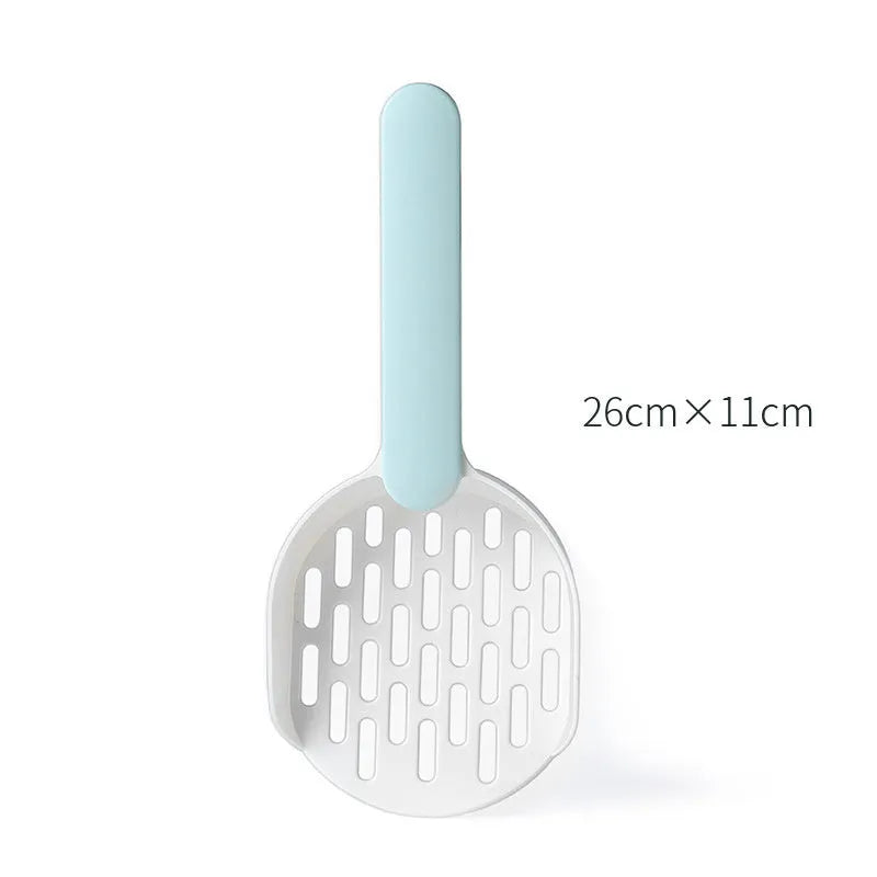 Blue plastic cat litter shovel scoop with drainage holes for cleaning a litter box.