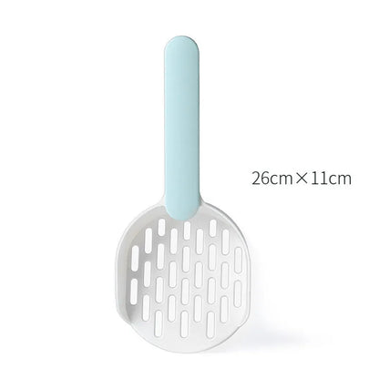 Blue plastic cat litter shovel scoop with drainage holes for cleaning a litter box.