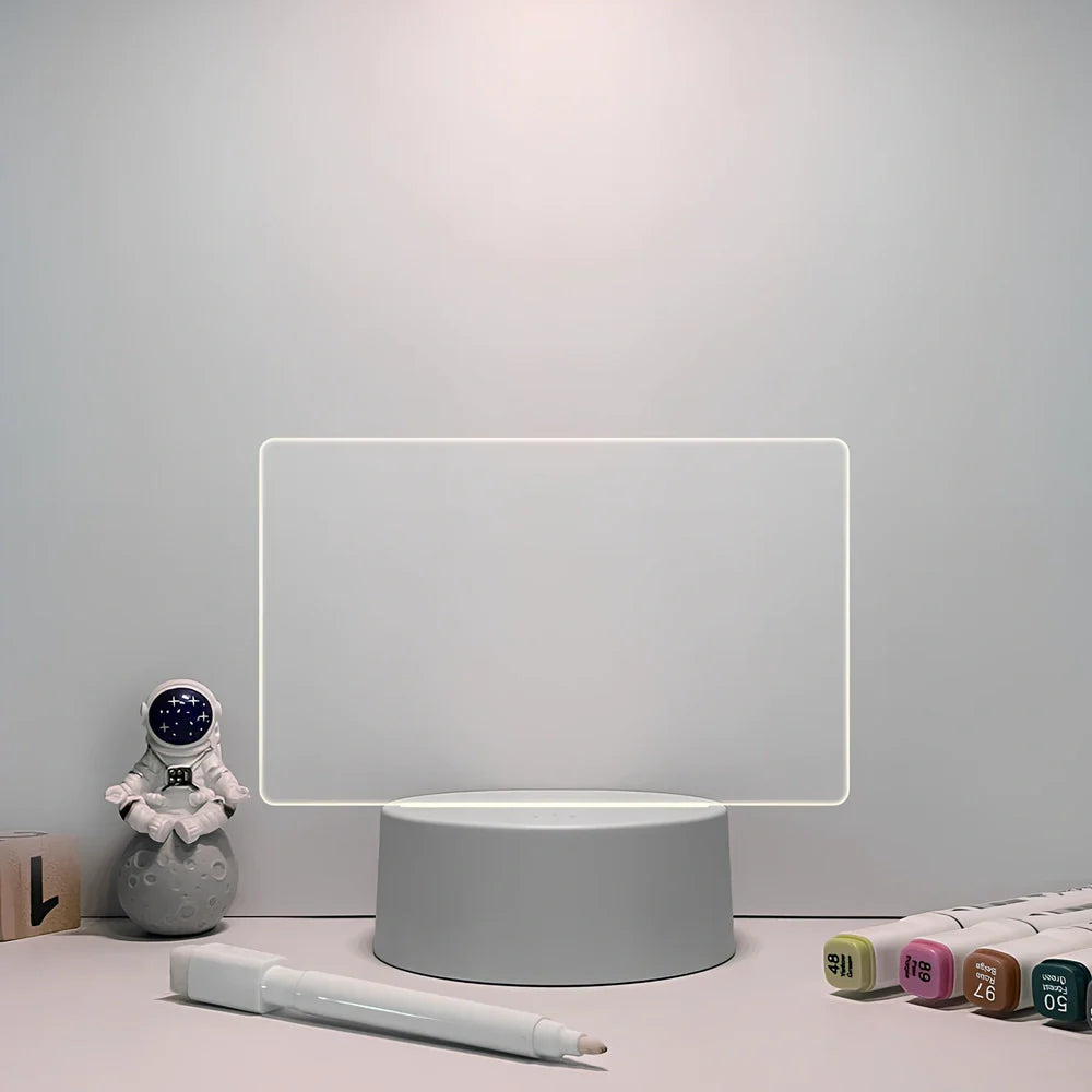 USB message board night lamp with round, rectangular and heart-shaped picture frames on 10cm base