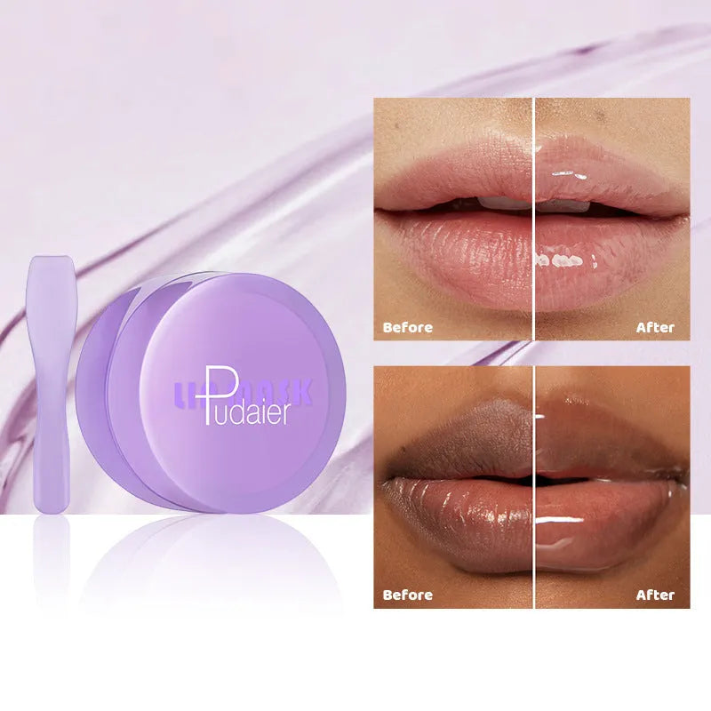 Box containing a 10ml lip exfoliating mask film and a plastic scraper tool for lip care.