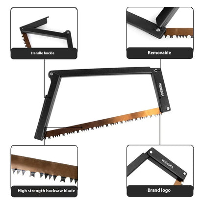 Black outdoor foldable saw with aluminium handle shown in open and closed positions.