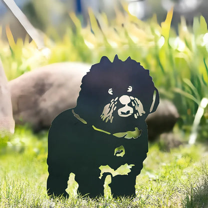 Metal dog silhouette garden decoration showing breed outline on iron background for outdoor display