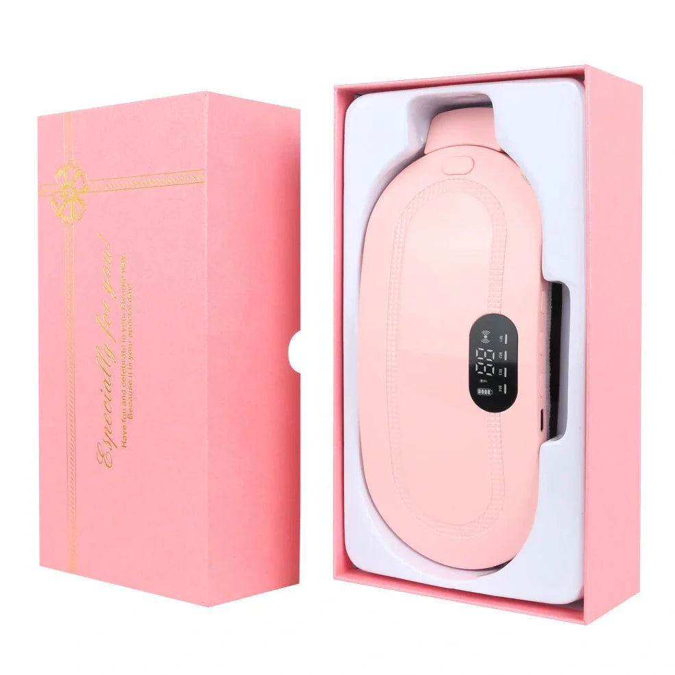 White electric heating belt with lumbar support showing USB connection and control buttons