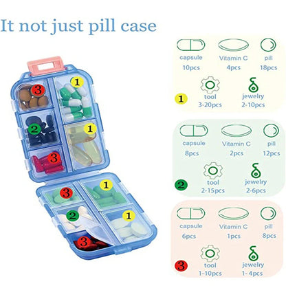 10-Grid Moisture-Proof Travel Pill Organizer in multiple colors for medication management