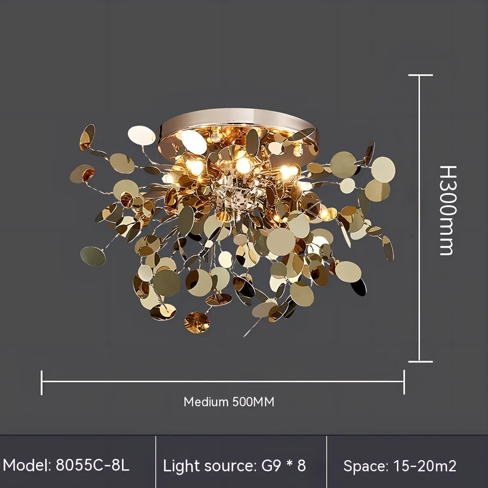 Stainless steel chandelier with eight G9 bulbs measuring 45cm height with tree blade design