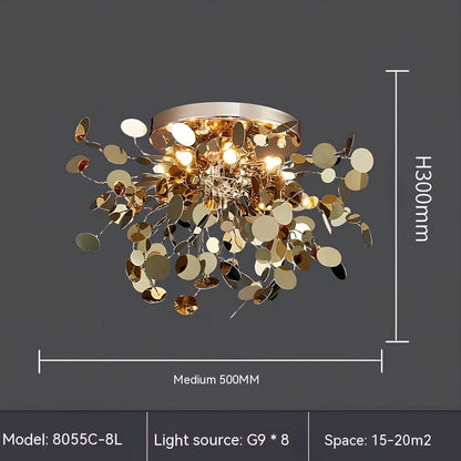 Stainless steel chandelier with eight G9 bulbs measuring 45cm height with tree blade design