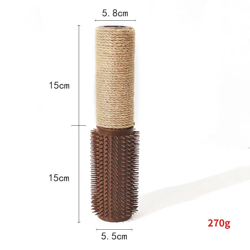 A brown sisal rope scratching post for cats on a wooden base, showing its height and texture.