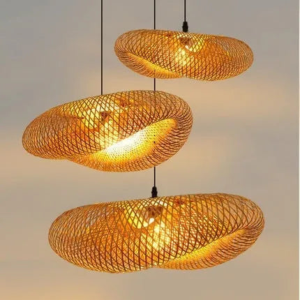 Bamboo Hanging Lamp Straw Hat-Shaped Pendant Light Ceiling Fixture for Natural Decor, Eco-Friendly Bamboo Material, Large 50cm Diameter Size, Warm Light Atmosphere, Indoor Room Lighting