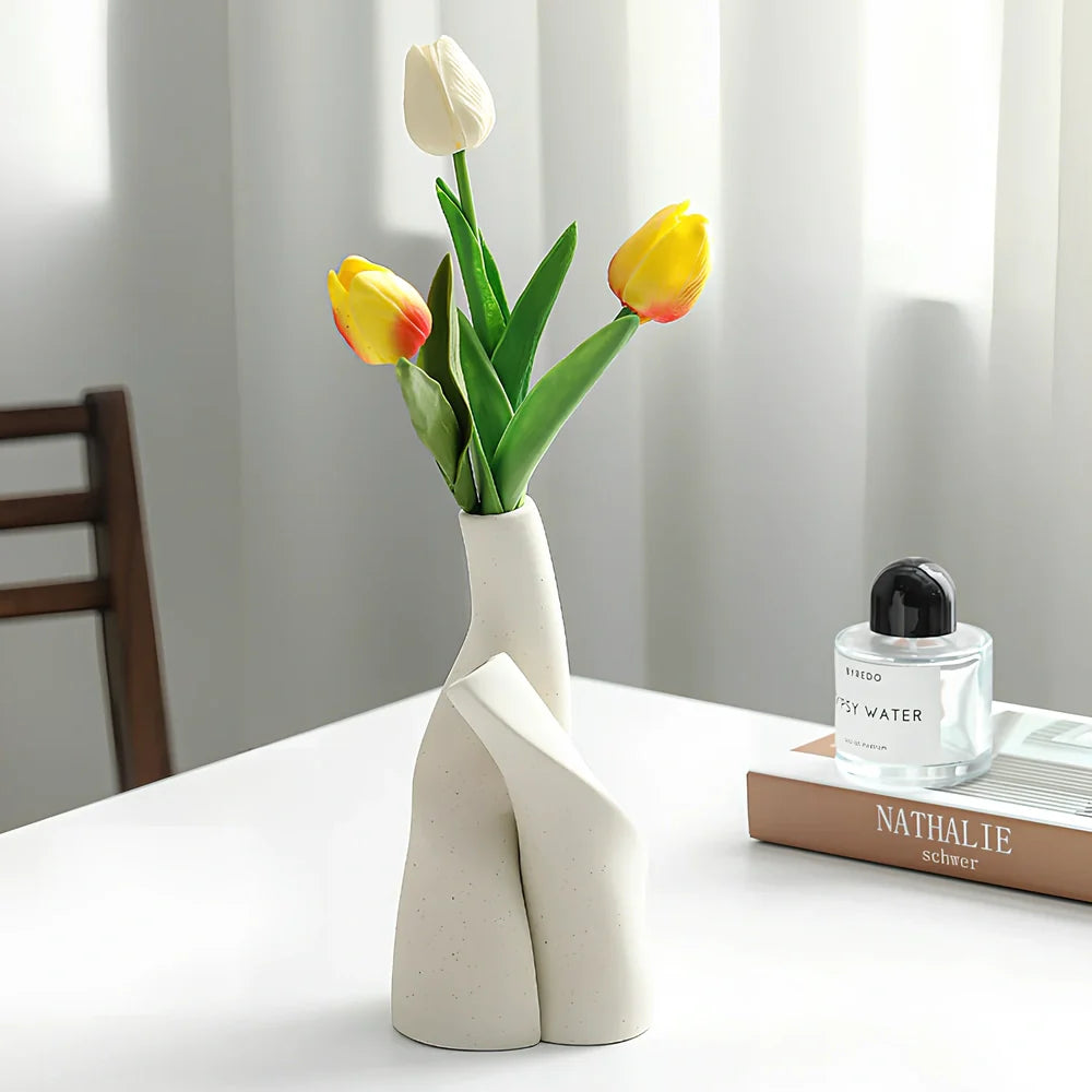 Nordic double shaped ceramic vase set in cream colour on wooden shelf, 20-25cm height for home decoration