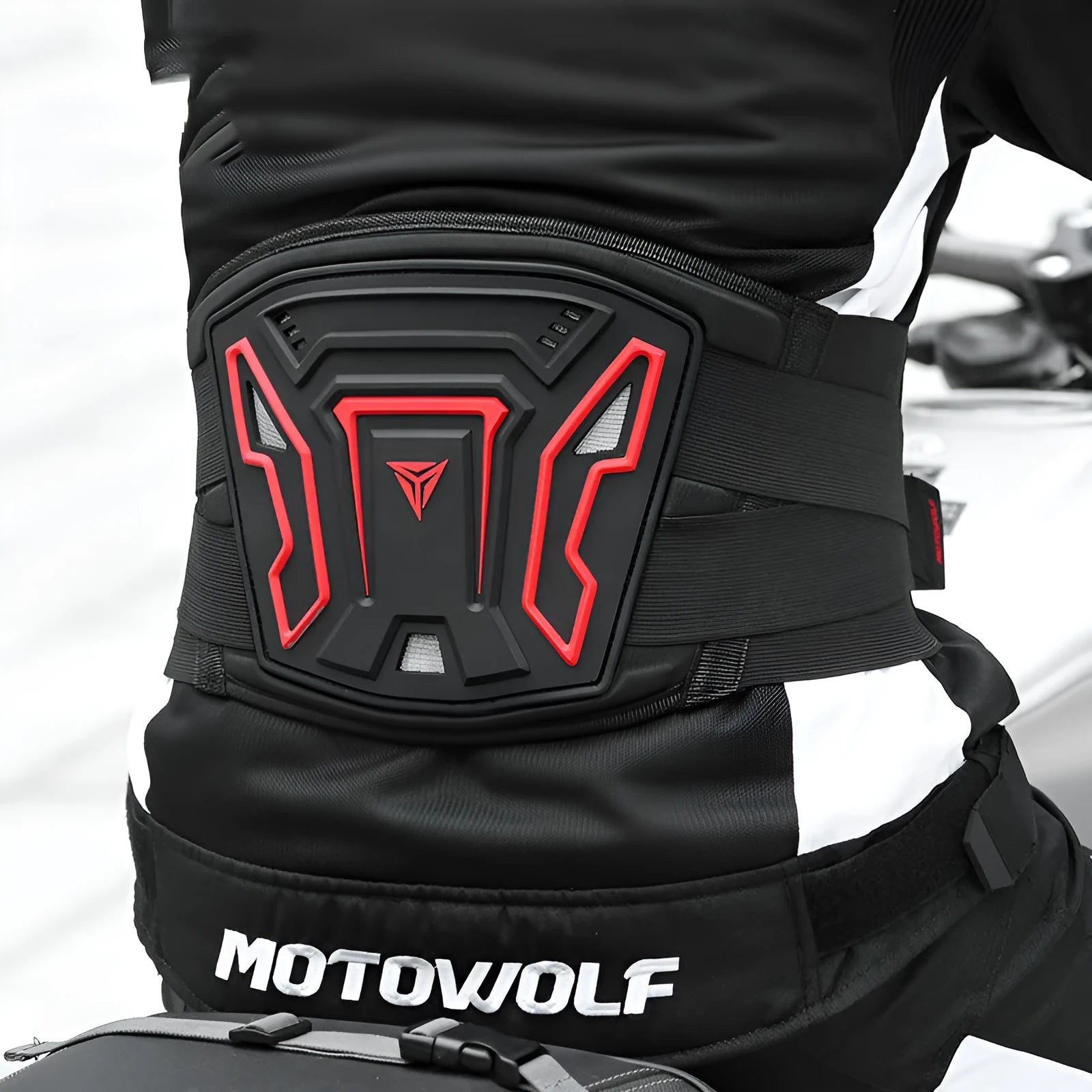 MDL1028 black and red motorcycle waist support waistband shown with adjustable sizing options.