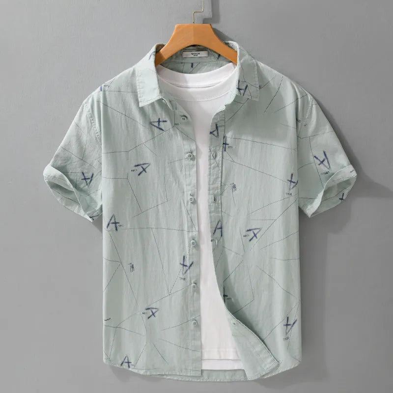 Light green pure cotton loose fit short sleeve cardigan shirt with letter print design