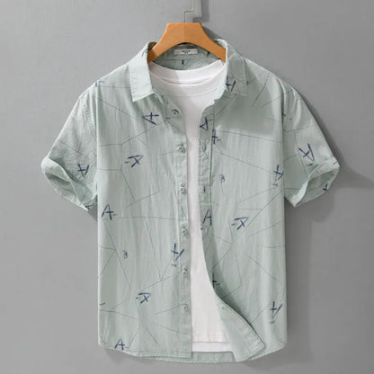 Light green pure cotton loose fit short sleeve cardigan shirt with letter print design