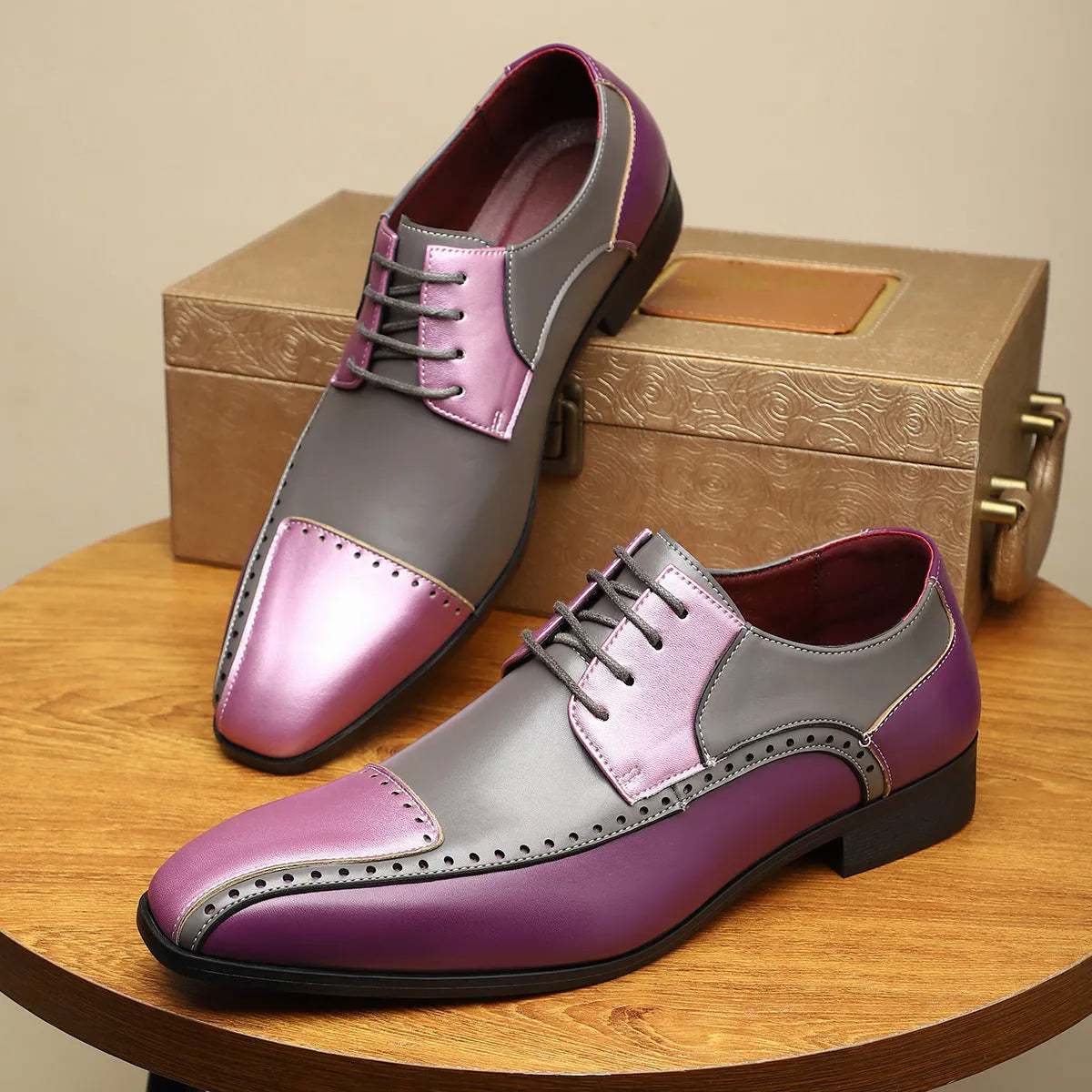 Men's low top leather shoes in black, green, or purple with artificial PU upper and EVA sole